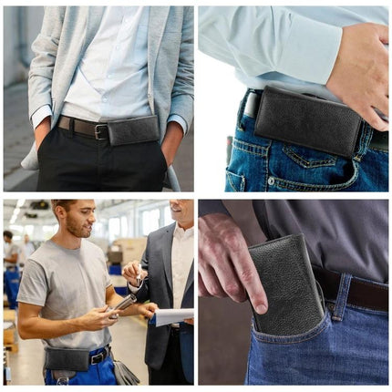 HAWEEL Genuine Leather Phone Belt Clip For 6.1-6.8 Inch Phones shown clipped to belt and placed in pocket for hands-free access