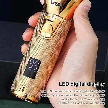 Hair Clipper USB Rechargeable Metal Body For Home Grooming - gold metal trimmer with LED digital battery display held in hand