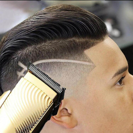 Hair Clipper USB Rechargeable Metal Body For Home Grooming featuring gold trimmer cutting a styled fade with razor parting