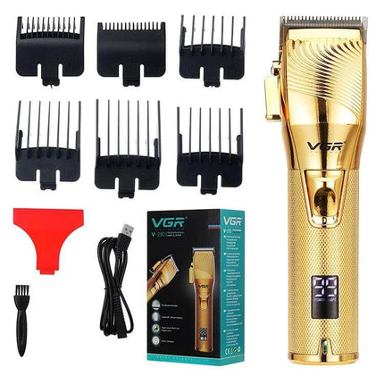 Hair Clipper USB Rechargeable Metal Body For Home Grooming gold trimmer kit with stainless steel cutter heads, USB cable, comb guides and cleaning brush