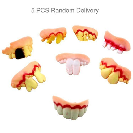 Halloween Bucktooth Dentures 5-Piece Prank Set for Parties shown as 7 random PVC novelty bucktooth dentures for Halloween costumes and pranks