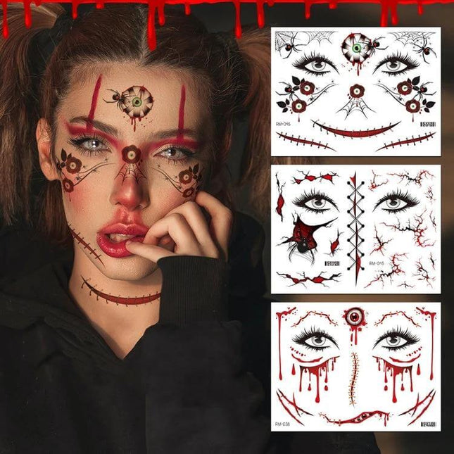 Halloween Scar Waterproof Tattoo Sticker Set For Halloween Makeup - model wearing red scar and stitched water-transfer face tattoos