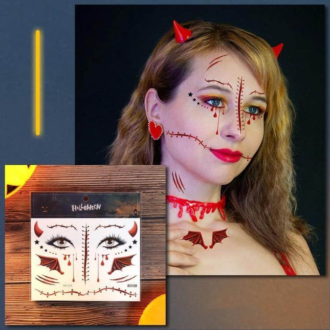 Halloween Scar Waterproof Tattoo Sticker Set For Halloween Makeup applied on model with devil costume, bloody scar and bat chest decals