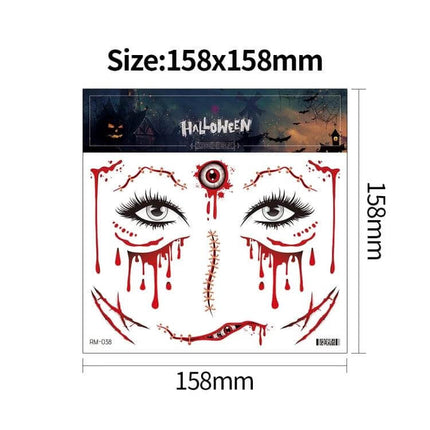 Halloween Scar Waterproof Tattoo Sticker Set For Halloween Makeup showing 158x158mm sheet with bloody eye, stitches and dripping scar designs