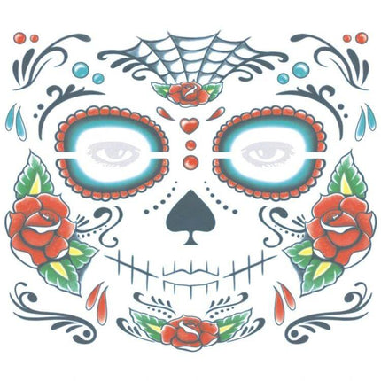 Halloween Waterproof Temporary Face Tattoo Stickers 240x210mm — sugar skull face sheet with roses, spiderweb, teal eye frames and decorative flourishes