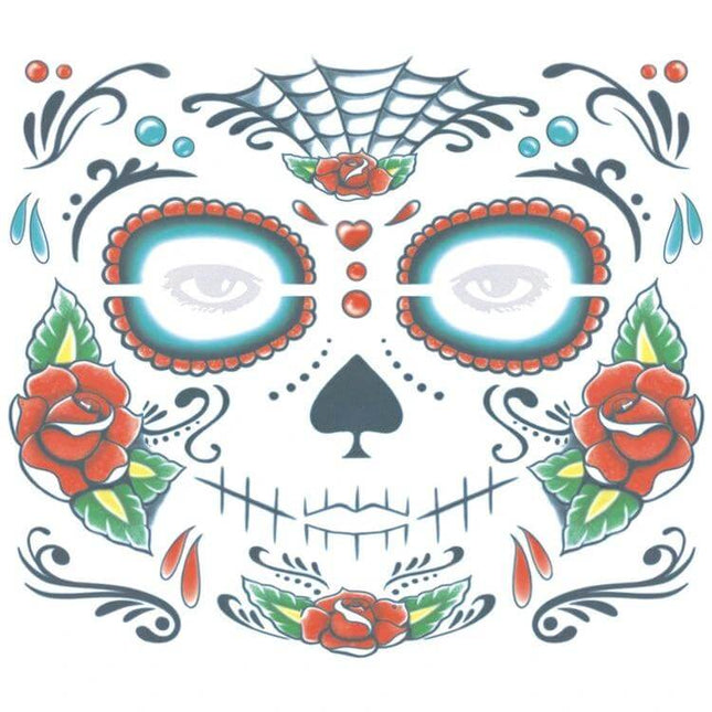 Halloween Waterproof Temporary Face Tattoo Stickers 240x210mm — sugar skull face sheet with roses, spiderweb, teal eye frames and decorative flourishes