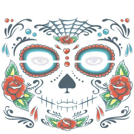 Halloween Waterproof Temporary Face Tattoo Stickers 240x210mm sugar skull face design with roses, spiderweb and teal eye accents
