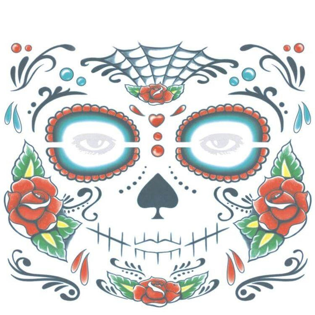 Halloween Waterproof Temporary Face Tattoo Stickers 240x210mm sugar skull face design with roses, spiderweb and teal eye accents