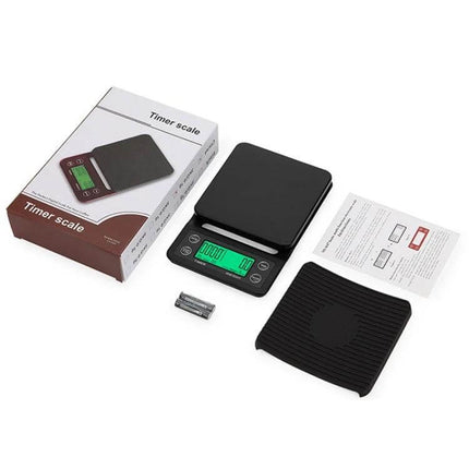 Hand Punch Coffee Scales With Timer For Precise Kitchen Weighing - compact black digital scale with timer, display, tray, batteries and box