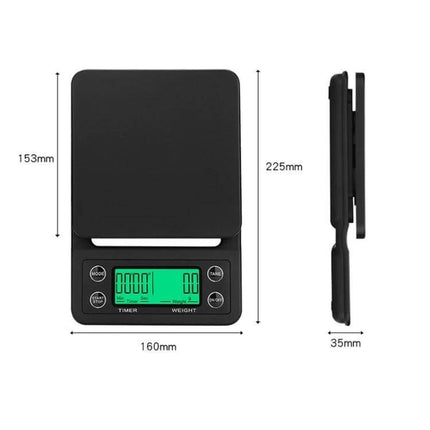 Hand Punch Coffee Scales With Timer For Precise Kitchen Weighing compact black ABS digital scale with timer and dimensions shown