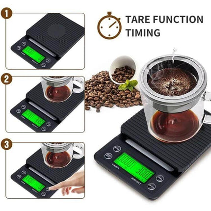 Hand Punch Coffee Scales With Timer For Precise Kitchen Weighing - compact black digital scale with timer and tare, measuring coffee brews and beans