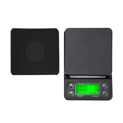 Hand Punch Coffee Scales With Timer For Precise Kitchen Weighing — compact black ABS digital scale with timer and green backlit display