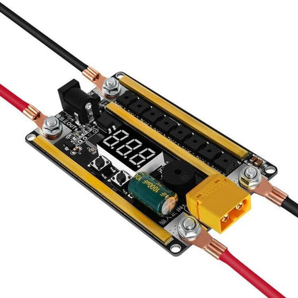 Handheld Battery Spot Welder For Small Battery Packs showing control board, digital display, copper leads and XT60 connector for nickel strip welding