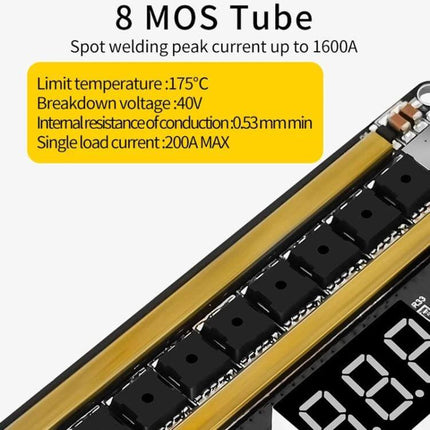 Handheld Battery Spot Welder For Small Battery Packs showing 8 MOS tube array, specs label and digital display