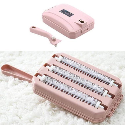 Handheld Carpet Brush Two-Row Design For Pet Hair And Debris in pink with nylon bristles and ergonomic handle for removing pet hair from carpets and upholstery