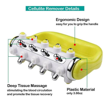 Handheld Curved Five-Row Roller Massager for Sore Muscles - ergonomic five-row curved roller for deep tissue and shower use, soft spine, plastic handle