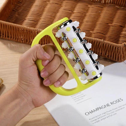 Handheld Curved Five-Row Roller Massager for Sore Muscles handheld yellow five-row curved roller shown in hand for post-workout muscle relief