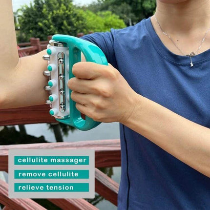 Handheld Curved Five-Row Roller Massager for Sore Muscles being used on arm to relieve tension and remove cellulite, ergonomic curved five-row design