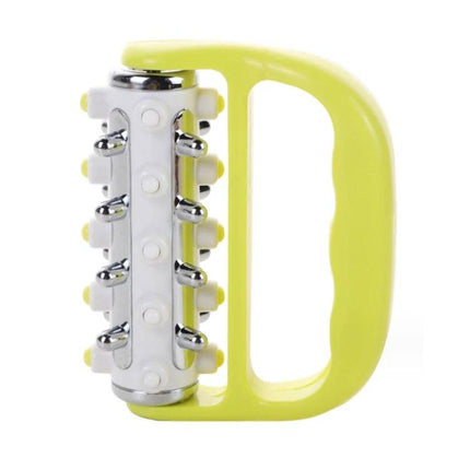 Handheld Curved Five-Row Roller Massager for Sore Muscles — yellow ergonomic five-row curved roller for home recovery and shower use