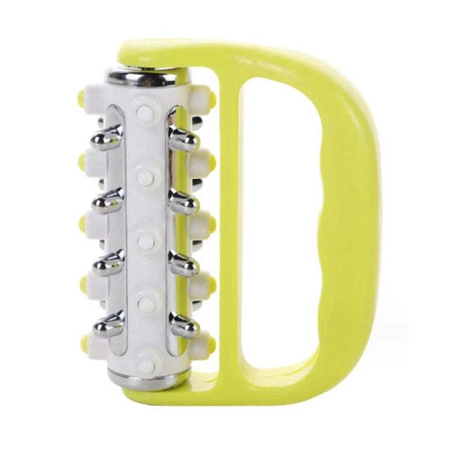 Handheld Curved Five-Row Roller Massager for Sore Muscles — yellow ergonomic five-row curved roller for home recovery and shower use