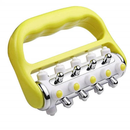 Handheld Curved Five-Row Roller Massager for Sore Muscles - yellow ergonomic shower-safe five-row curved roller for muscle relief