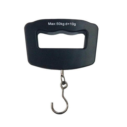 Handheld Digital Luggage Scale With Backlit LCD Screen - compact black portable scale with metal hook, 50kg max, one-handed travel luggage scale
