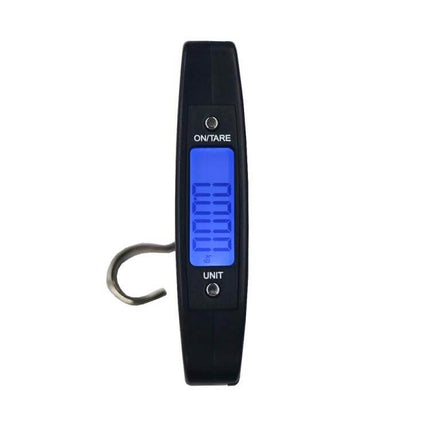 Handheld Digital Luggage Scale With Backlit LCD Screen showing backlit blue display and metal hook for travel weighing