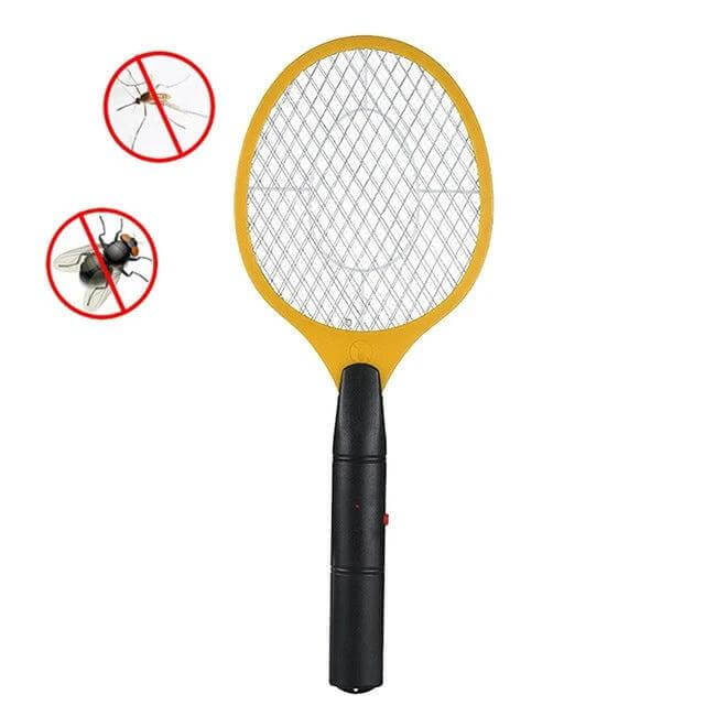 Handheld Electric Mosquito Swatter for Home and Garden with yellow frame and black handle, stainless steel three-layer mesh for indoor and outdoor use