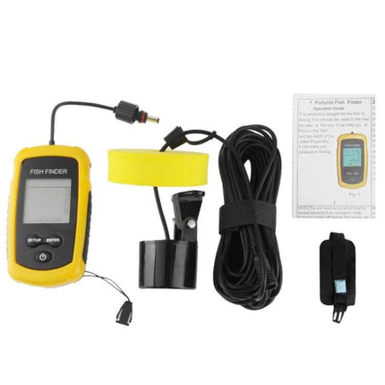 Fish Finder Handheld For Freshwater Fishing On The Go - compact yellow handheld unit with float sensor, transducer cable, and accessories for lakes and rivers