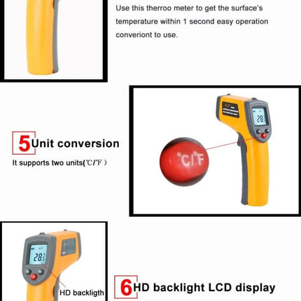 Handheld Infrared Thermometer For Quick Temperature Readings - yellow non-contact IR gun showing LCD, unit conversion, HD backlight, fast 1-second readings