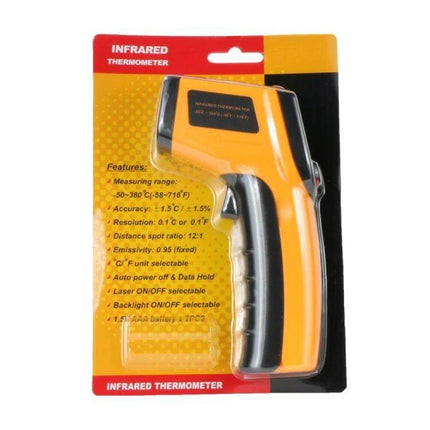 Handheld Infrared Thermometer For Quick Temperature Readings - yellow non-contact IR thermometer in packaging for kitchen HVAC automotive use