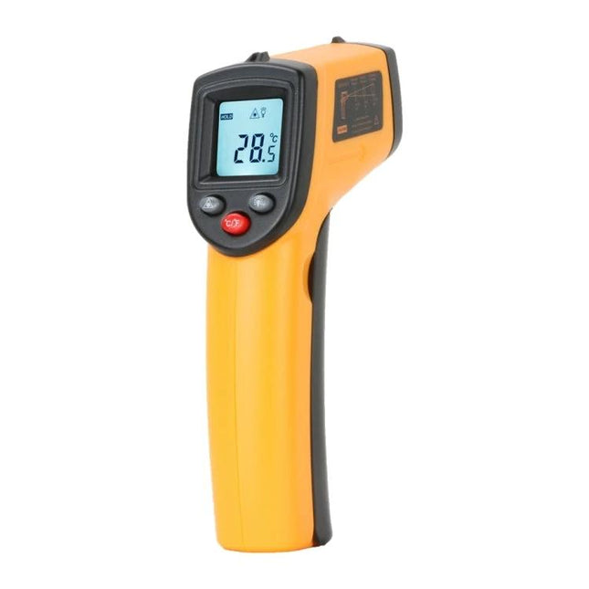 Handheld Infrared Thermometer For Quick Temperature Readings – yellow non-contact IR gun showing 28.5°C on LCD, ideal for kitchen, HVAC, automotive checks