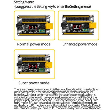 Handheld Battery Spot Welder For Small Battery Packs control board showing Normal, Enhanced and Super power modes and digital display