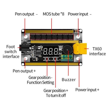 Handheld Battery Spot Welder For Small Battery Packs control board labeled ports and components for nickel strip welding