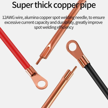 Handheld Battery Spot Welder For Small Battery Packs showing super thick copper pipe welding needles and 12AWG copper leads