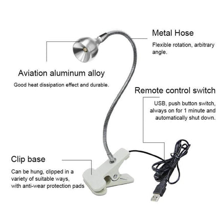Handheld USB Clip On UV Disinfection Lamp For Everyday Surfaces compact clip-on lamp with metal hose, USB base and remote control switch