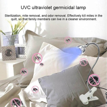 Handheld USB Clip On UV Disinfection Lamp For Everyday Surfaces shown sanitizing pillows and bedding with clip-on base and USB charging