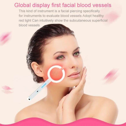 Handheld Vascular Imaging Instrument For Facial Vein Detection showing device visualizing superficial facial vessels on model's cheek with red light