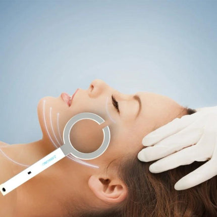 Handheld Vascular Imaging Instrument For Facial Vein Detection showing device locating cheek veins with safe red light on patient
