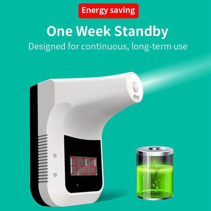 Handsfree Non-Contact Forehead Infrared Thermometer For Home Use showing wall-mounted unit, digital display, battery icon and “One Week Standby” label