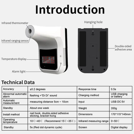 Handsfree Non-Contact Forehead Infrared Thermometer For Home Use wall-mounted unit with digital display and technical data chart