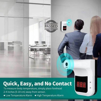 Handsfree Non-Contact Forehead Infrared Thermometer For Home Use wall-mounted unit demonstrating no-contact temperature checks at office entry