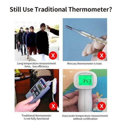 Handsfree Non-Contact Forehead Infrared Thermometer For Home Use showing drawbacks of traditional thermometers and benefits of handsfree non-contact screening