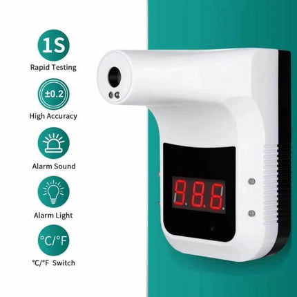 Handsfree Non-Contact Forehead Infrared Thermometer For Home Use wall-mounted unit with digital display alarm light and rapid 1s testing