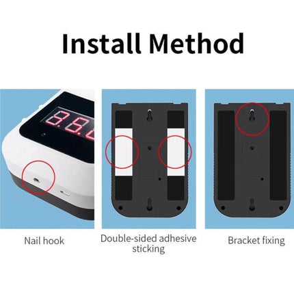 Handsfree Non-Contact Forehead Infrared Thermometer For Home Use showing install method options: nail hook, double-sided adhesive, and bracket fixing