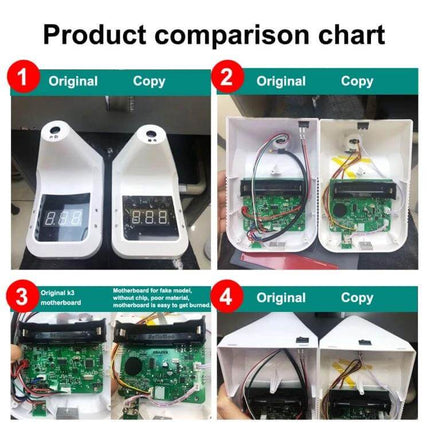 Handsfree Non-Contact Forehead Infrared Thermometer For Home Use product comparison showing original vs copy internal boards and housings