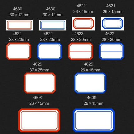 Handwritten Self Adhesive Label Stickers for Price Marking showing assorted white rectangular and octagonal price label shapes with red and blue borders and sizes