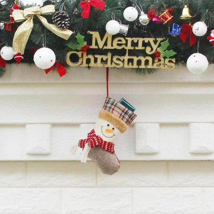 Hang Ornament Christmas Stockings Gift Bags For Decorating - hanging snowman stocking ornament under Merry Christmas garland for mantel decor