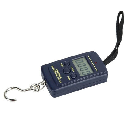 Hanging Digital Fishing Scale, 40kg Capacity for Weighing Catch - compact plastic body, stainless steel hook, digital display and wrist strap