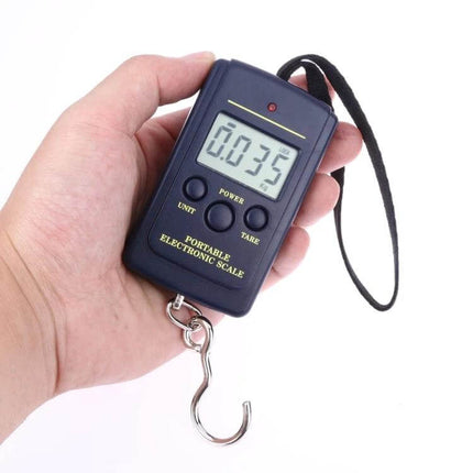 Hanging Digital Fishing Scale, 40kg Capacity for Weighing Catch – handheld digital scale with stainless steel hook and LCD display showing 0.35